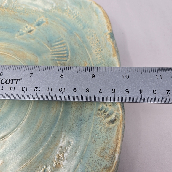 Coastal Ceramic Art Piece Plate in Teal and Tan Stamped Starfish & Sea Shells - Picture 9 of 11